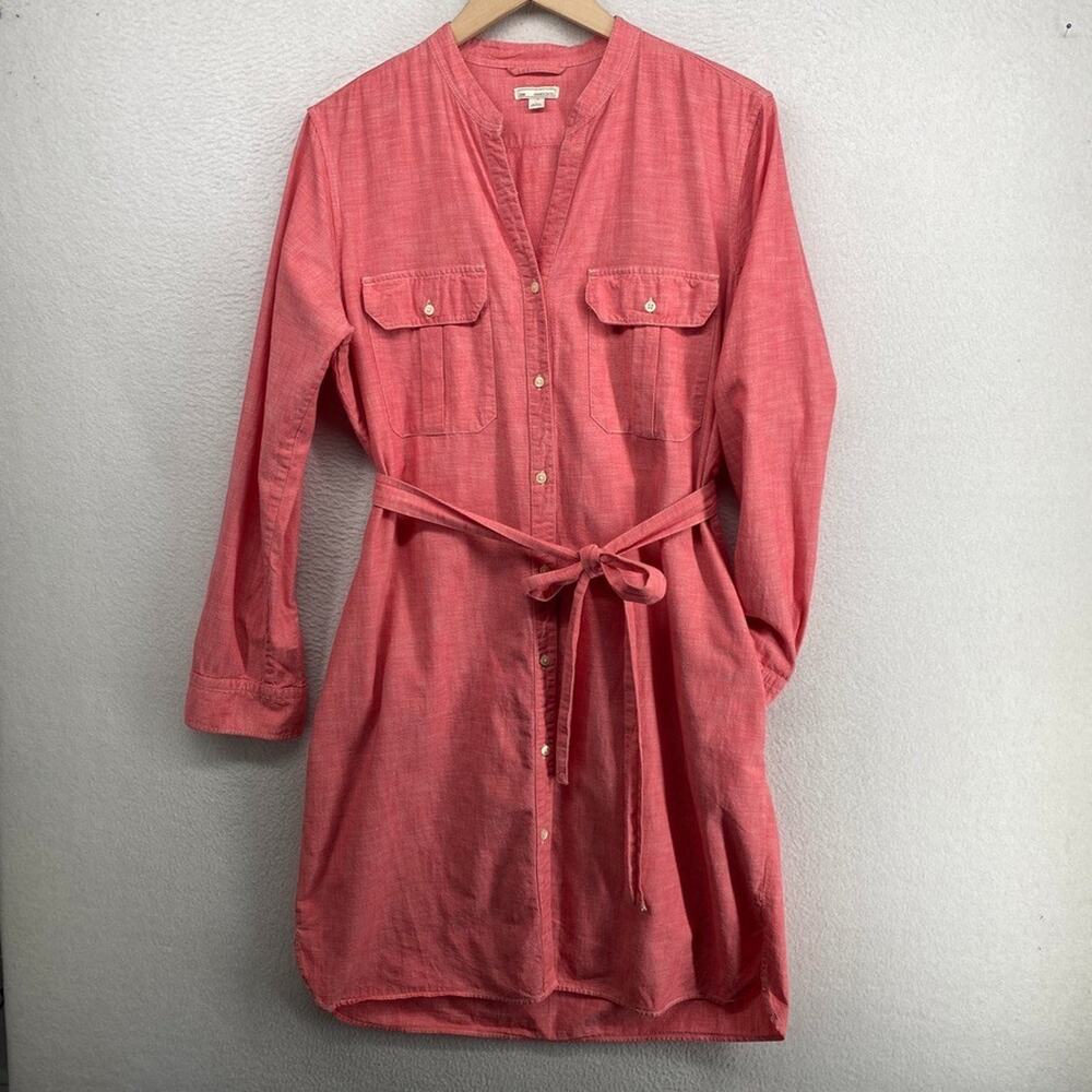 GAP Dress L Long Sleeve Button Front Shirtdress Utility Tie Belted Pink